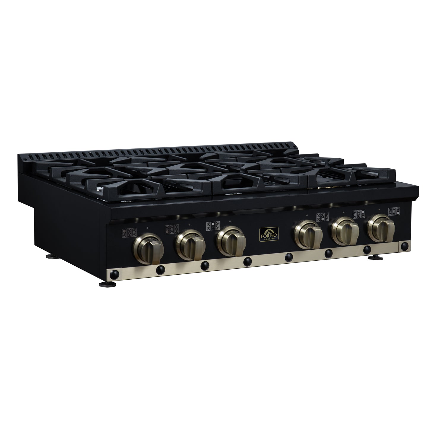 Valente 36" Gas Cooktop in Black, 6 Sealed burners, 71,000 BUT Output, 1 Antique Brass Dual-Ring Burner, Continuous Cast Iron Grates - Forno Appliances