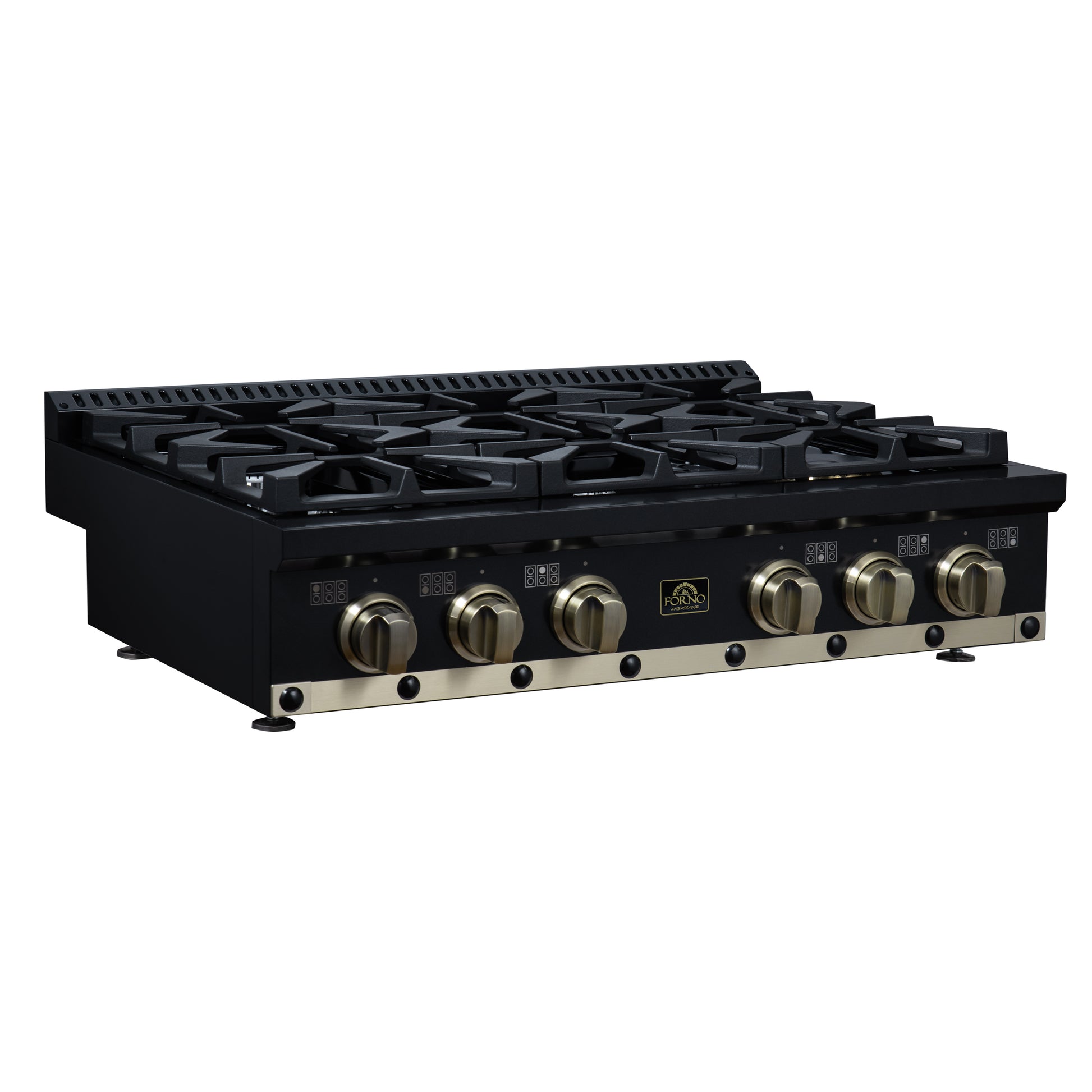 Valente 36" Gas Cooktop in Black, 6 Sealed burners, 71,000 BUT Output, 1 Antique Brass Dual-Ring Burner, Continuous Cast Iron Grates - Forno Appliances