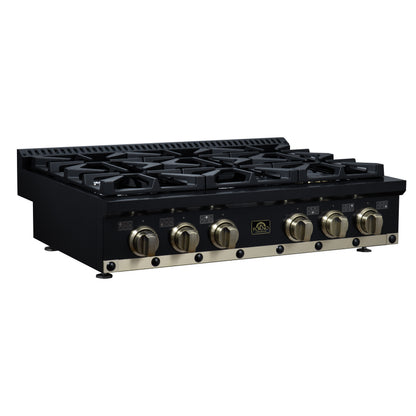 Valente 36" Gas Cooktop in Black, 6 Sealed burners, 71,000 BUT Output, 1 Antique Brass Dual-Ring Burner, Continuous Cast Iron Grates - Forno Appliances