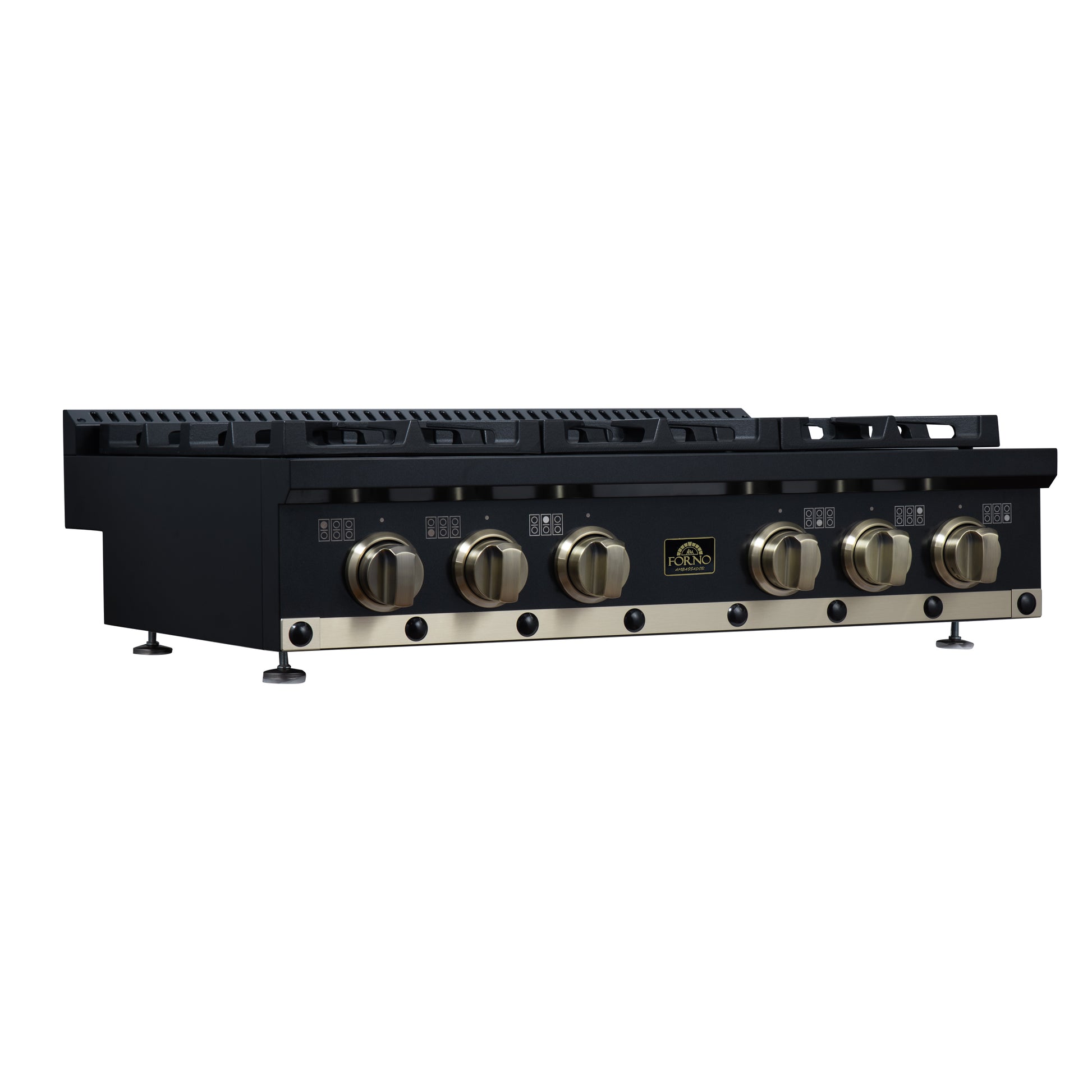 Valente 36" Gas Cooktop in Black, 6 Sealed burners, 71,000 BUT Output, 1 Antique Brass Dual-Ring Burner, Continuous Cast Iron Grates - Forno Appliances
