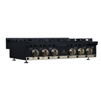 Valente 36" Gas Cooktop in Black, 6 Sealed burners, 71,000 BUT Output, 1 Antique Brass Dual-Ring Burner, Continuous Cast Iron Grates - Forno Appliances