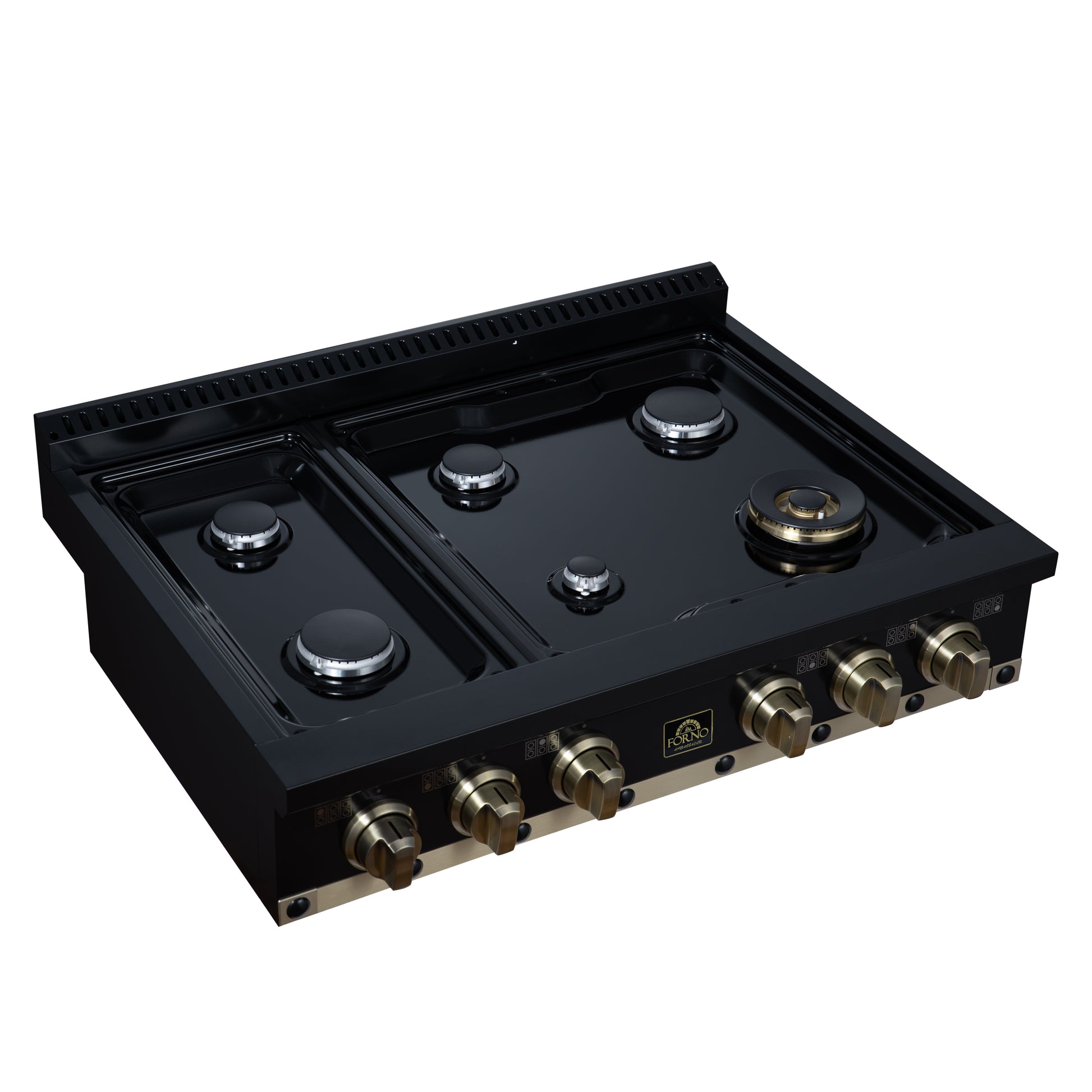 Valente 36" Gas Cooktop in Black, 6 Sealed burners, 71,000 BUT Output, 1 Antique Brass Dual-Ring Burner, Continuous Cast Iron Grates - Forno Appliances