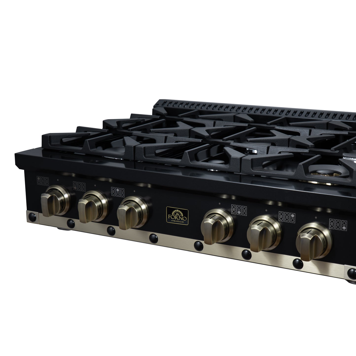 Valente 36" Gas Cooktop in Black, 6 Sealed burners, 71,000 BUT Output, 1 Antique Brass Dual-Ring Burner, Continuous Cast Iron Grates - Forno Appliances