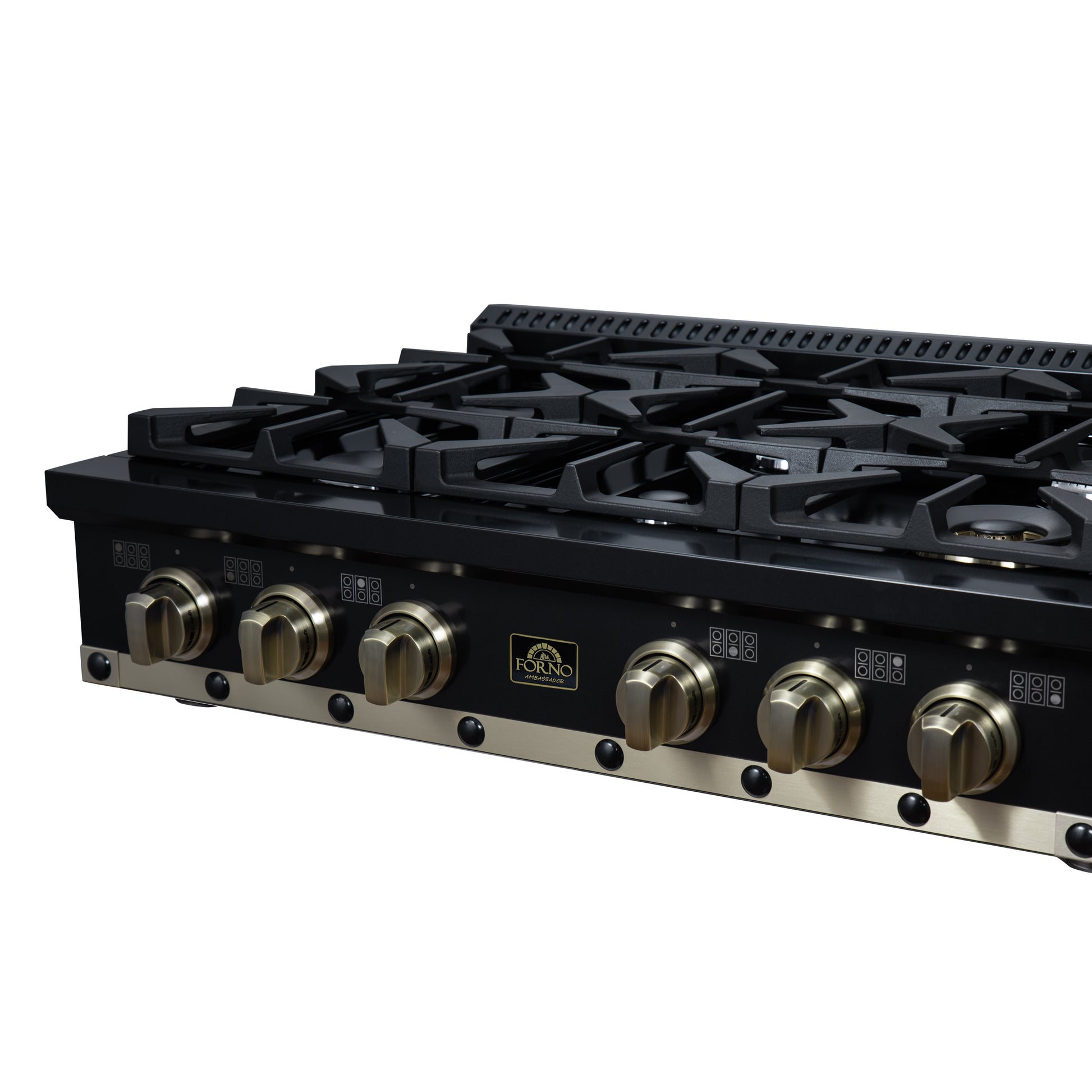 Valente 36" Gas Cooktop in Black, 6 Sealed burners, 71,000 BUT Output, 1 Antique Brass Dual-Ring Burner, Continuous Cast Iron Grates - Forno Appliances