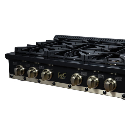 Valente 36" Gas Cooktop in Black, 6 Sealed burners, 71,000 BUT Output, 1 Antique Brass Dual-Ring Burner, Continuous Cast Iron Grates - Forno Appliances