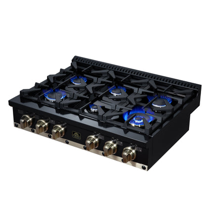 Valente 36" Gas Cooktop in Black, 6 Sealed burners, 71,000 BUT Output, 1 Antique Brass Dual-Ring Burner, Continuous Cast Iron Grates - Forno Appliances