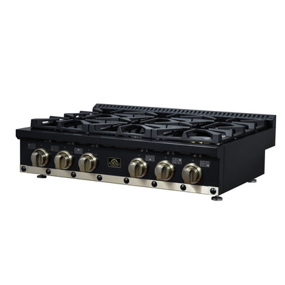 Valente 36" Gas Cooktop in Black, 6 Sealed burners, 71,000 BUT Output, 1 Antique Brass Dual-Ring Burner, Continuous Cast Iron Grates - Forno Appliances