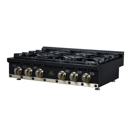 Valente 36" Gas Cooktop in Black, 6 Sealed burners, 71,000 BUT Output, 1 Antique Brass Dual-Ring Burner, Continuous Cast Iron Grates - Forno Appliances