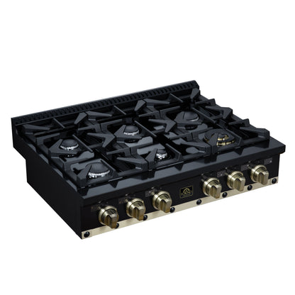 Valente 36" Gas Cooktop in Black, 6 Sealed burners, 71,000 BUT Output, 1 Antique Brass Dual-Ring Burner, Continuous Cast Iron Grates - Forno Appliances