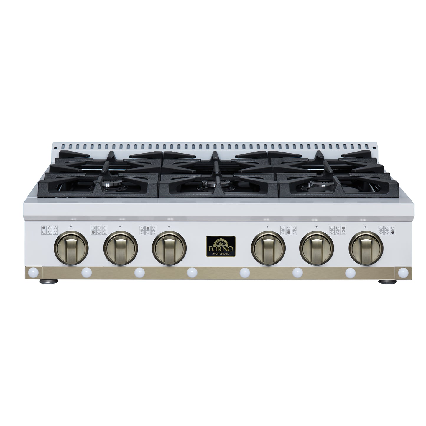 Valente 36" Gas Cooktop in White, 6 Sealed burners, 71,000 BUT Output, 1 Antique Brass Dual-Ring Burner, Continuous Cast Iron Grates - Forno Appliances