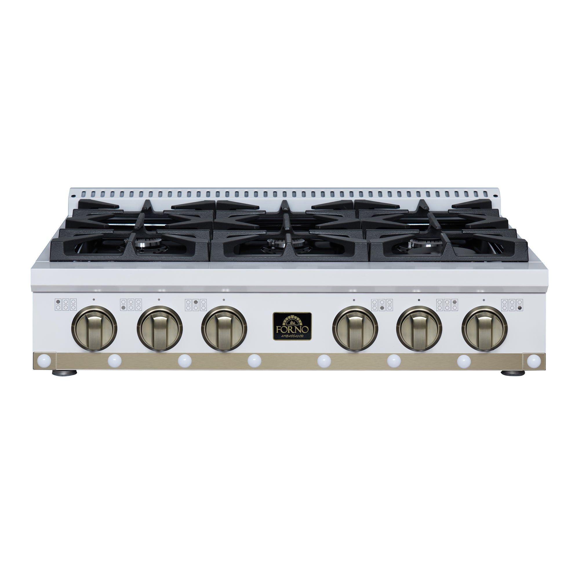 Valente 36" Gas Cooktop in White, 6 Sealed burners, 71,000 BUT Output, 1 Antique Brass Dual-Ring Burner, Continuous Cast Iron Grates - Forno Appliances