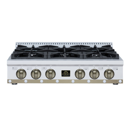 Valente 36" Gas Cooktop in White, 6 Sealed burners, 71,000 BUT Output, 1 Antique Brass Dual-Ring Burner, Continuous Cast Iron Grates - Forno Appliances