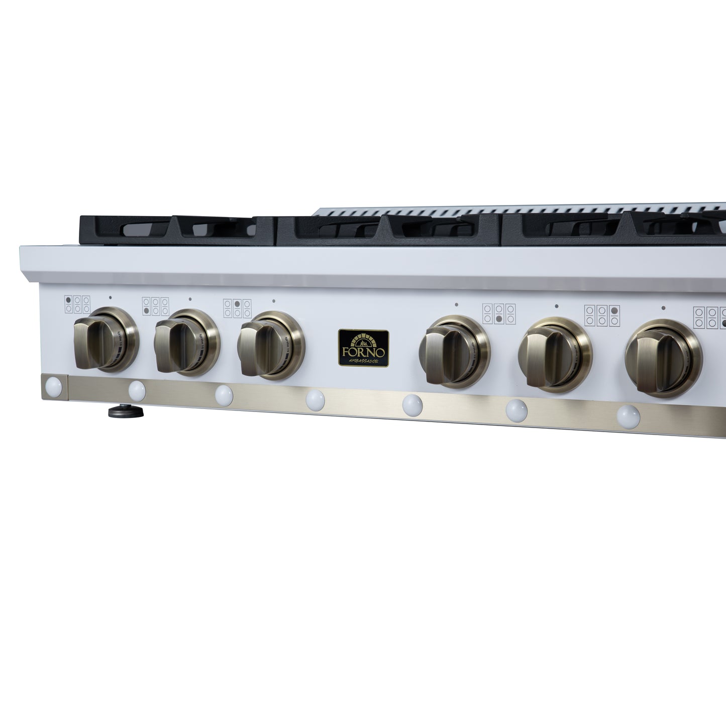 Valente 36" Gas Cooktop in White, 6 Sealed burners, 71,000 BUT Output, 1 Antique Brass Dual-Ring Burner, Continuous Cast Iron Grates - Forno Appliances