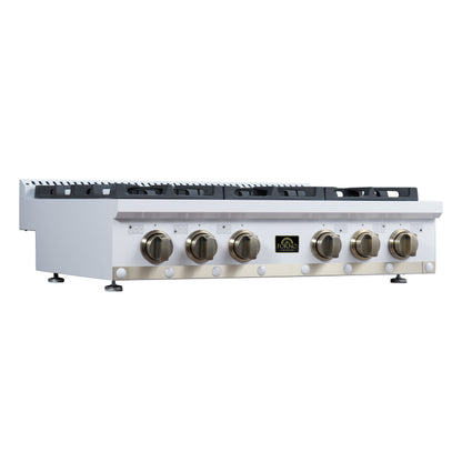 Valente 36" Gas Cooktop in White, 6 Sealed burners, 71,000 BUT Output, 1 Antique Brass Dual-Ring Burner, Continuous Cast Iron Grates - Forno Appliances