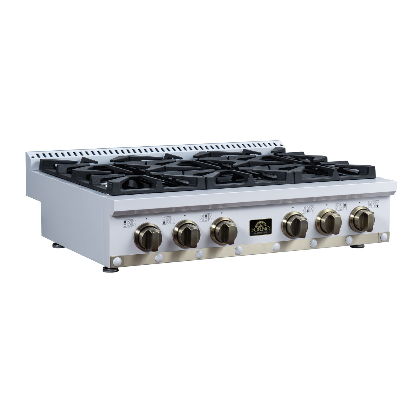 Valente 36" Gas Cooktop in White, 6 Sealed burners, 71,000 BUT Output, 1 Antique Brass Dual-Ring Burner, Continuous Cast Iron Grates - Forno Appliances