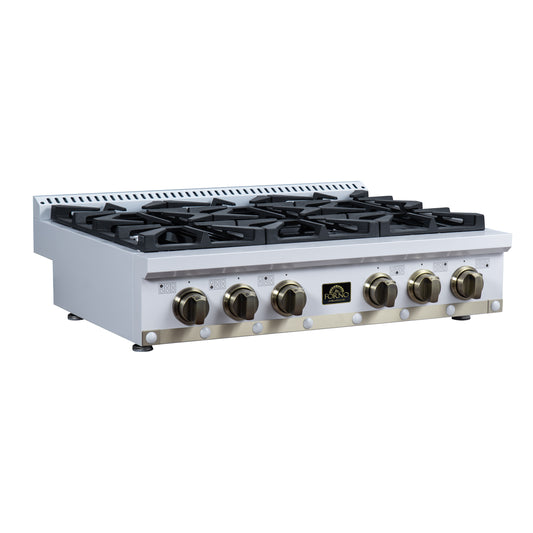 Valente 36" Gas Cooktop in White, 6 Sealed burners, 71,000 BUT Output, 1 Antique Brass Dual-Ring Burner, Continuous Cast Iron Grates - Forno Appliances