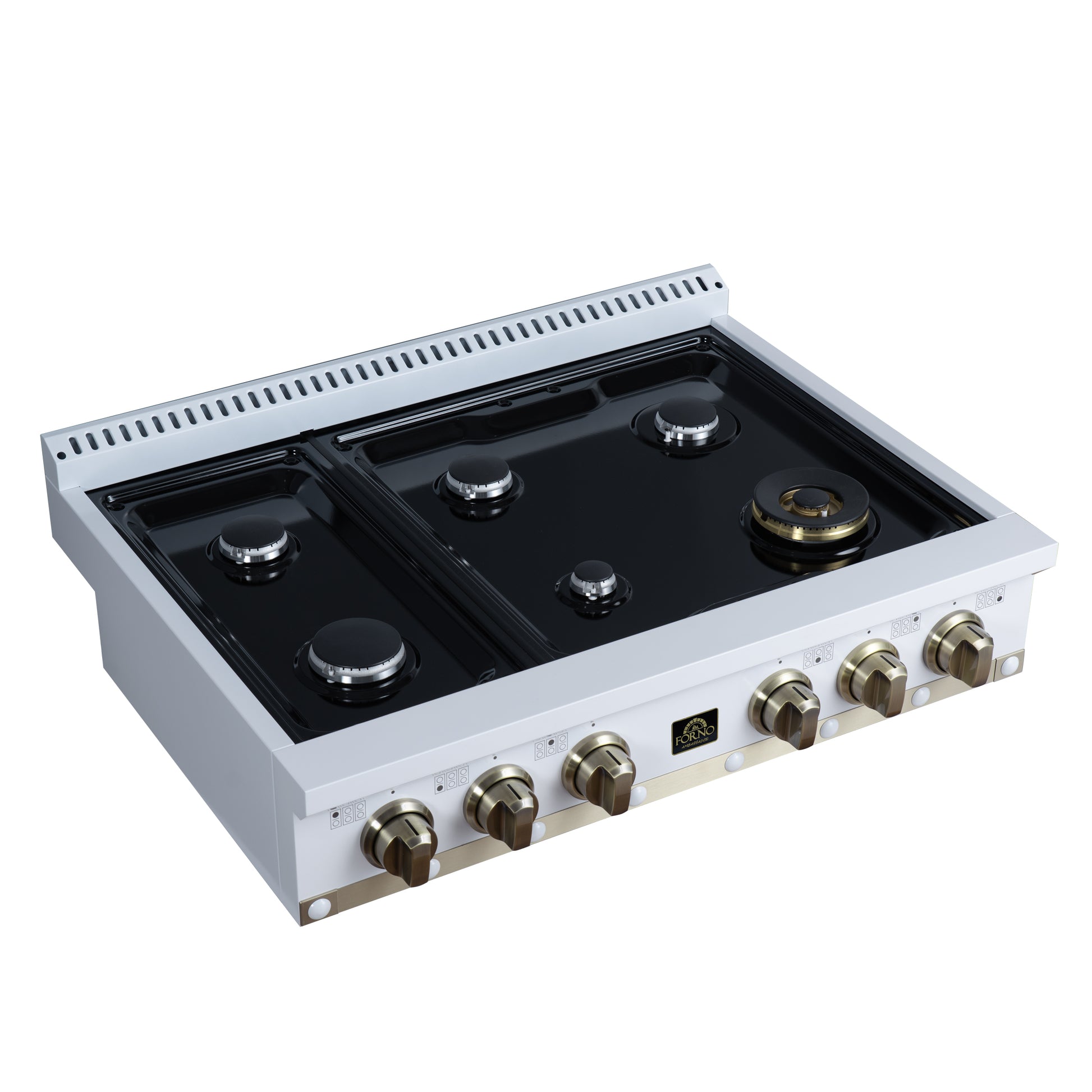 Valente 36" Gas Cooktop in White, 6 Sealed burners, 71,000 BUT Output, 1 Antique Brass Dual-Ring Burner, Continuous Cast Iron Grates - Forno Appliances