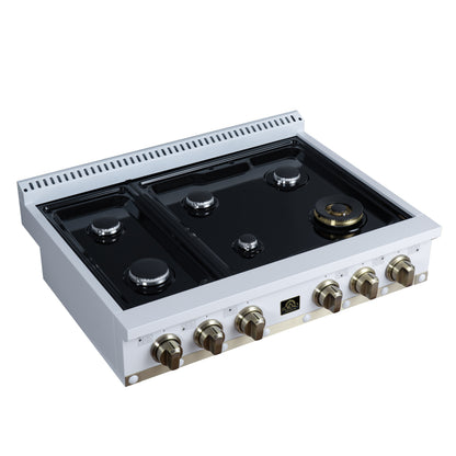 Valente 36" Gas Cooktop in White, 6 Sealed burners, 71,000 BUT Output, 1 Antique Brass Dual-Ring Burner, Continuous Cast Iron Grates - Forno Appliances