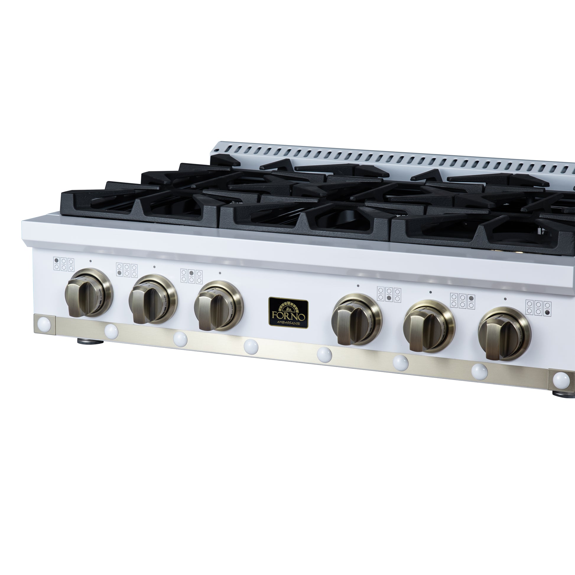 Valente 36" Gas Cooktop in White, 6 Sealed burners, 71,000 BUT Output, 1 Antique Brass Dual-Ring Burner, Continuous Cast Iron Grates - Forno Appliances