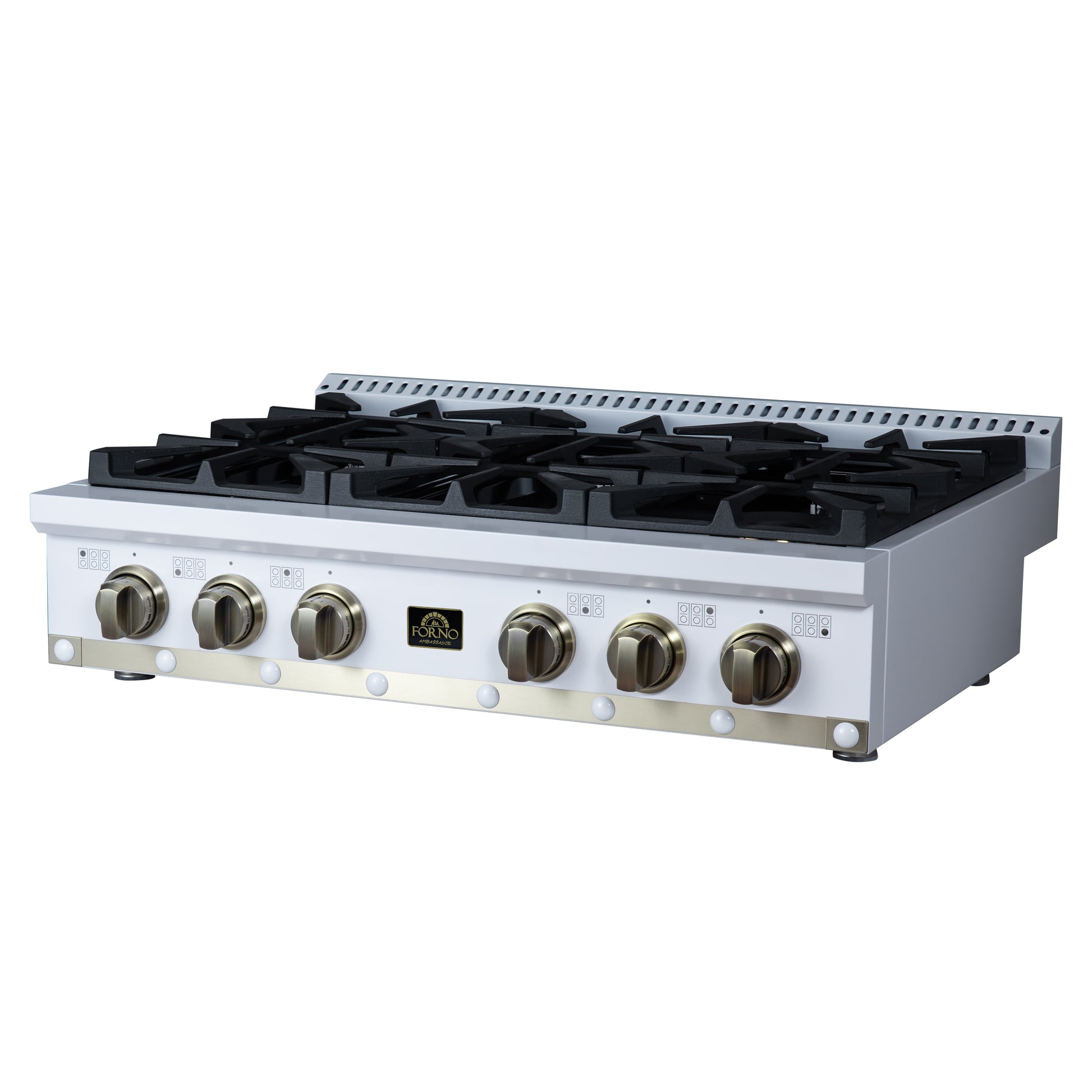 Valente 36" Gas Cooktop in White, 6 Sealed burners, 71,000 BUT Output, 1 Antique Brass Dual-Ring Burner, Continuous Cast Iron Grates - Forno Appliances