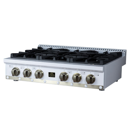 Valente 36" Gas Cooktop in White, 6 Sealed burners, 71,000 BUT Output, 1 Antique Brass Dual-Ring Burner, Continuous Cast Iron Grates - Forno Appliances