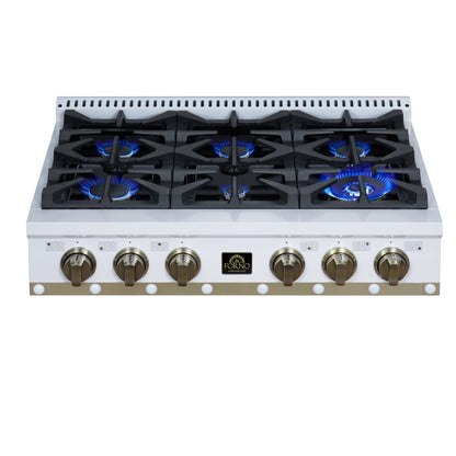 Valente 36" Gas Cooktop in White, 6 Sealed burners, 71,000 BUT Output, 1 Antique Brass Dual-Ring Burner, Continuous Cast Iron Grates - Forno Appliances