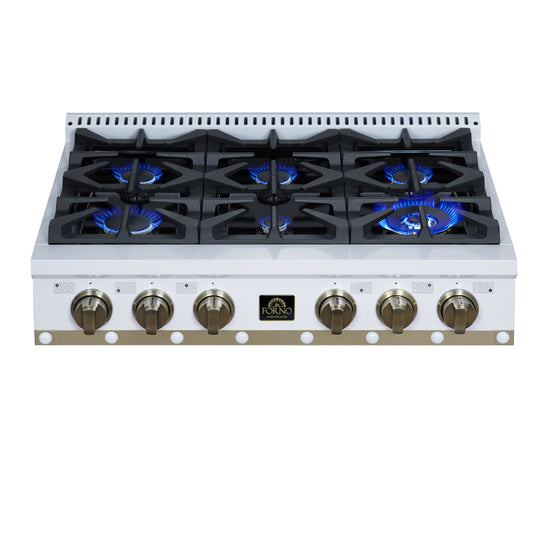 Valente 36" Gas Cooktop in White, 6 Sealed burners, 71,000 BUT Output, 1 Antique Brass Dual-Ring Burner, Continuous Cast Iron Grates - Forno Appliances