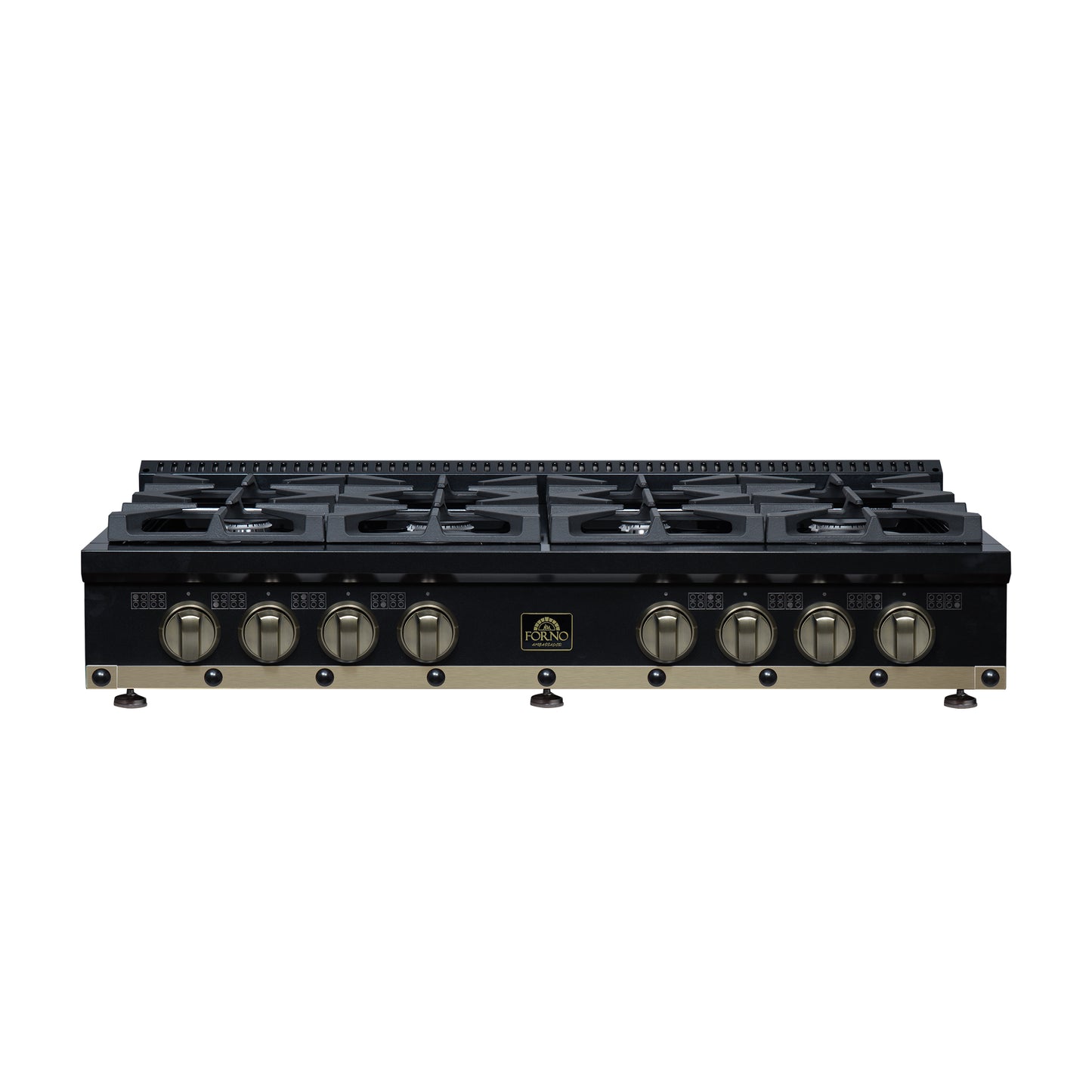 Valente 48" Gas Cooktop in Black, 8 Sealed burners, 94,000 BUT Output, 2 Antique Brass Dual-Ring Burners, Continuous Cast Iron Grates - Forno Appliances