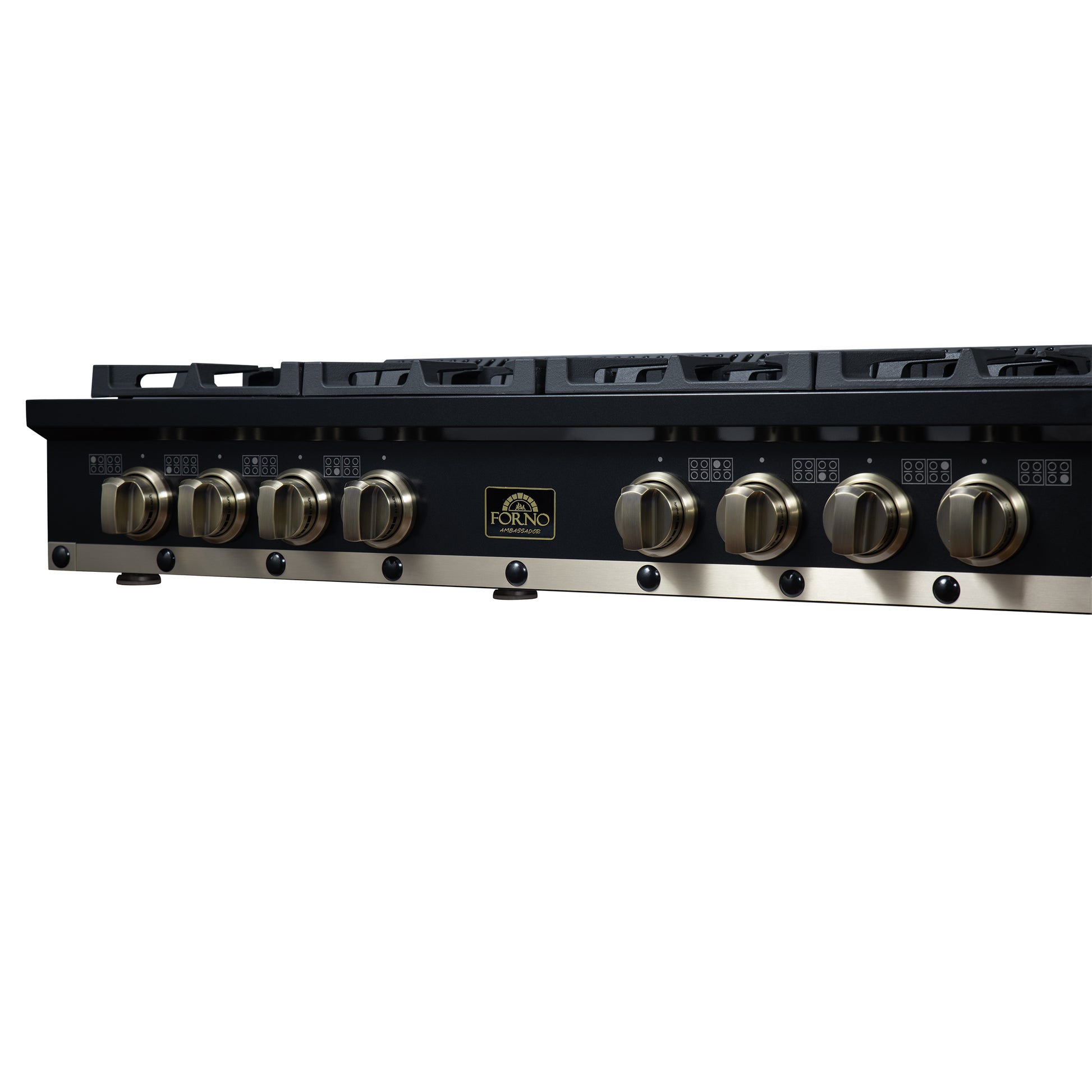Valente 48" Gas Cooktop in Black, 8 Sealed burners, 94,000 BUT Output, 2 Antique Brass Dual-Ring Burners, Continuous Cast Iron Grates - Forno Appliances