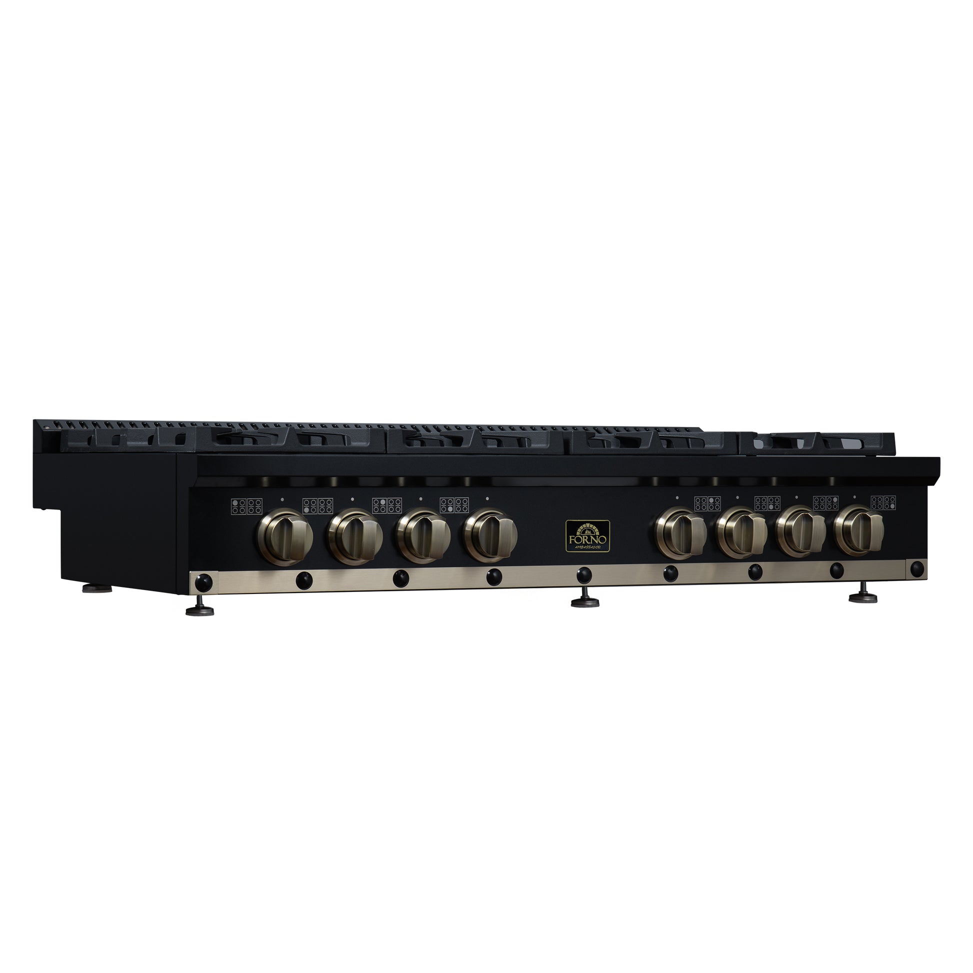 Valente 48" Gas Cooktop in Black, 8 Sealed burners, 94,000 BUT Output, 2 Antique Brass Dual-Ring Burners, Continuous Cast Iron Grates - Forno Appliances