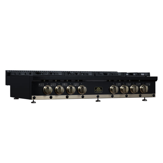 Valente 48" Gas Cooktop in Black, 8 Sealed burners, 94,000 BUT Output, 2 Antique Brass Dual-Ring Burners, Continuous Cast Iron Grates - Forno Appliances