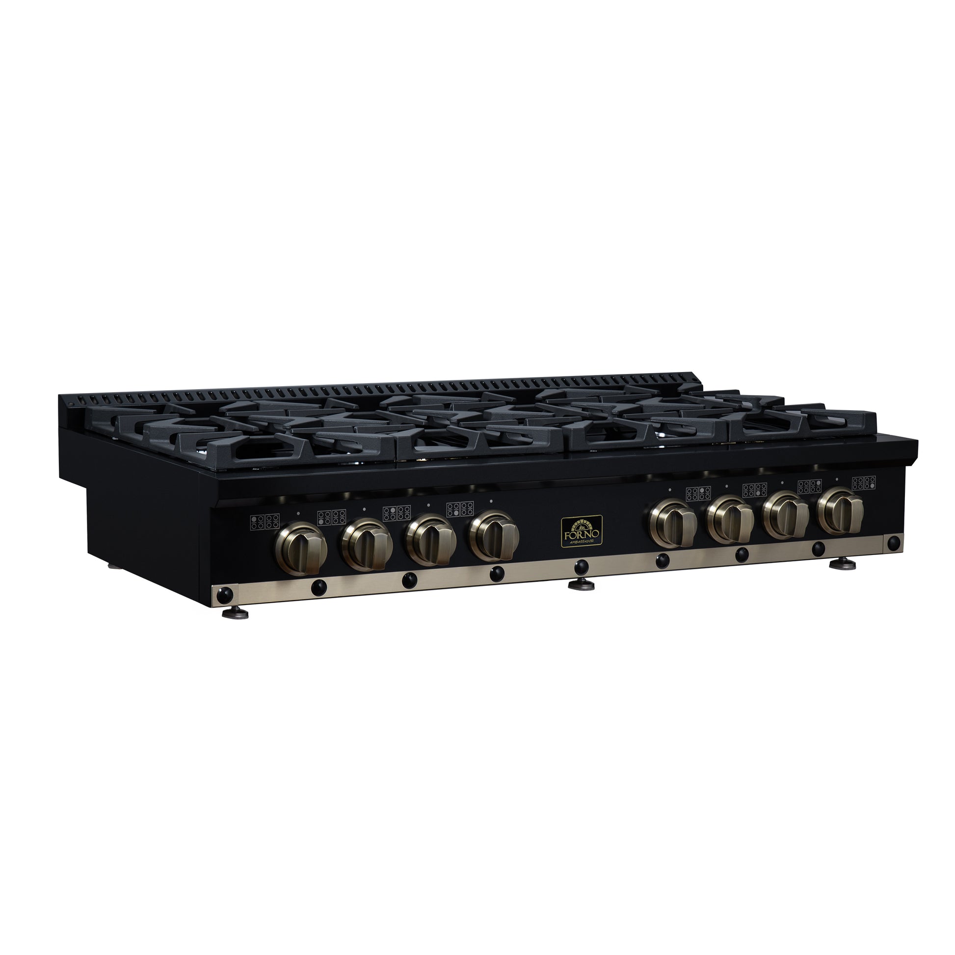 Valente 48" Gas Cooktop in Black, 8 Sealed burners, 94,000 BUT Output, 2 Antique Brass Dual-Ring Burners, Continuous Cast Iron Grates - Forno Appliances