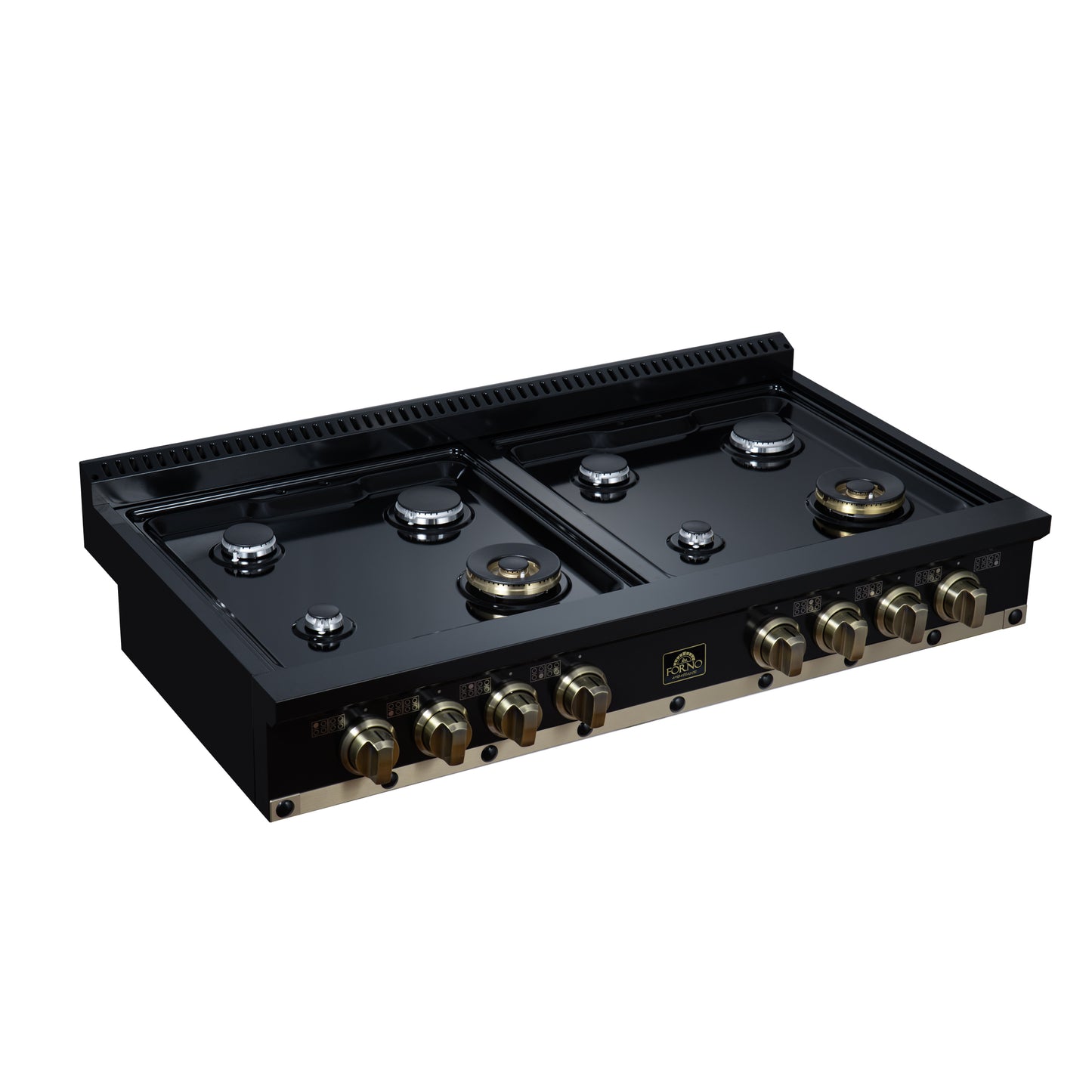 Valente 48" Gas Cooktop in Black, 8 Sealed burners, 94,000 BUT Output, 2 Antique Brass Dual-Ring Burners, Continuous Cast Iron Grates - Forno Appliances