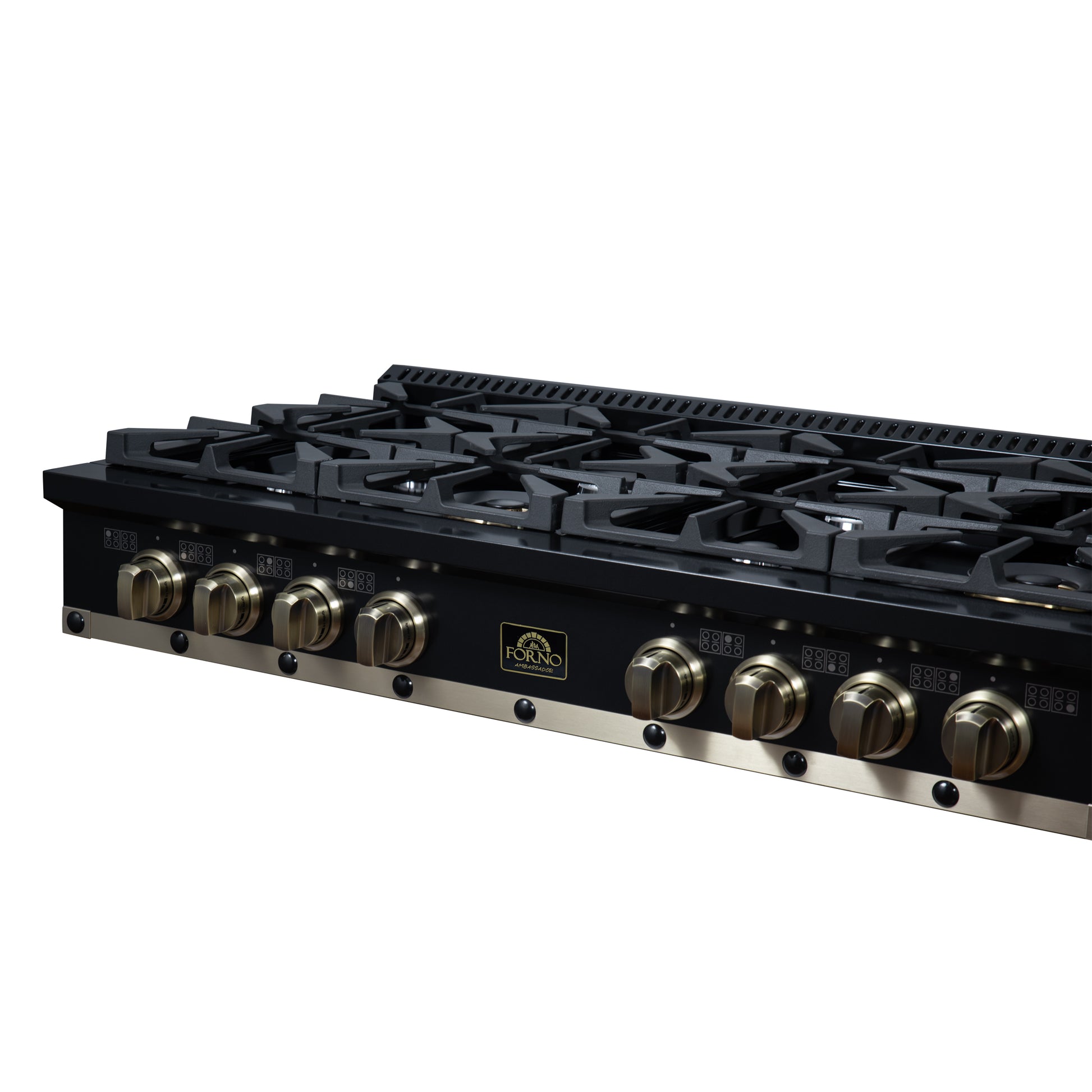Valente 48" Gas Cooktop in Black, 8 Sealed burners, 94,000 BUT Output, 2 Antique Brass Dual-Ring Burners, Continuous Cast Iron Grates - Forno Appliances
