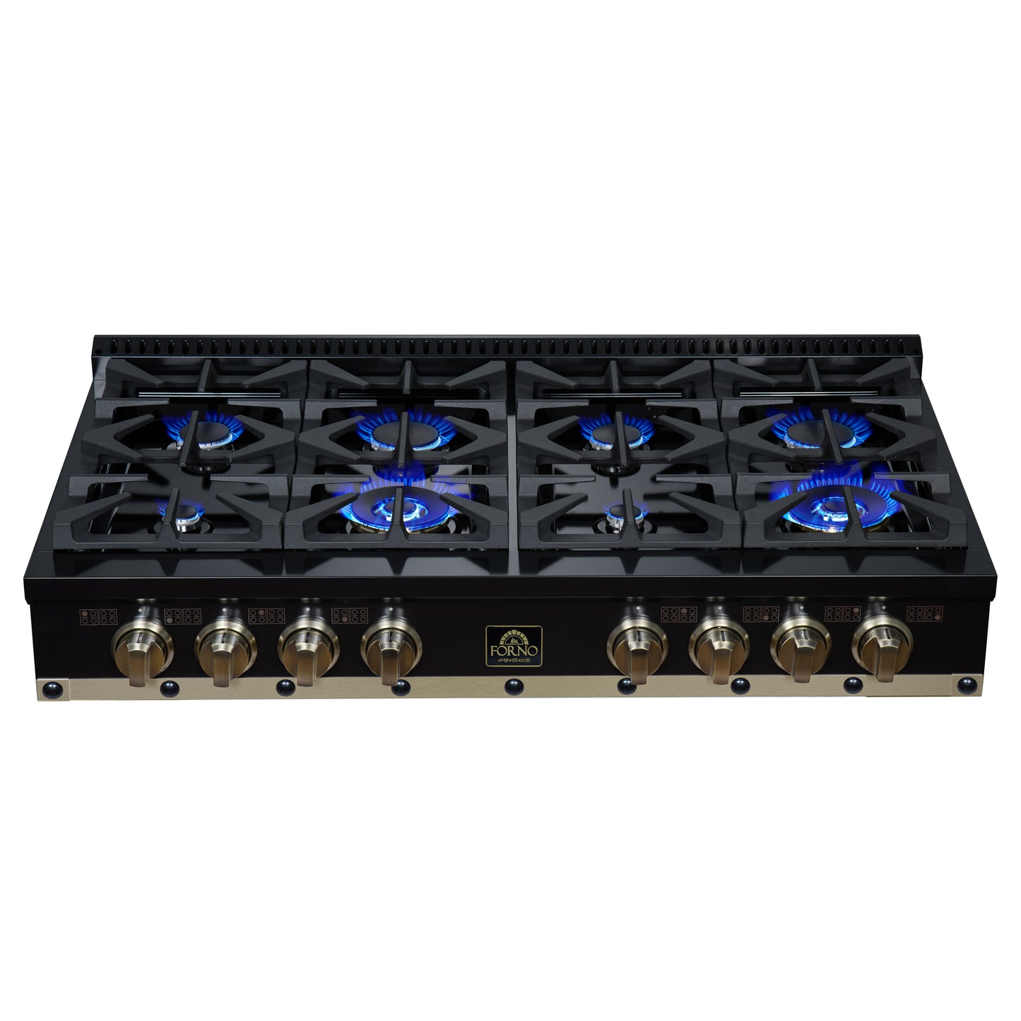 Valente 48" Gas Cooktop in Black, 8 Sealed burners, 94,000 BUT Output, 2 Antique Brass Dual-Ring Burners, Continuous Cast Iron Grates - Forno Appliances
