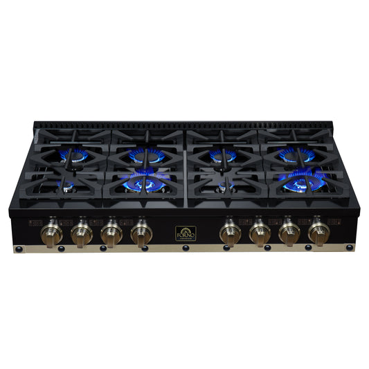 Valente 48" Gas Cooktop in Black, 8 Sealed burners, 94,000 BUT Output, 2 Antique Brass Dual-Ring Burners, Continuous Cast Iron Grates - Forno Appliances