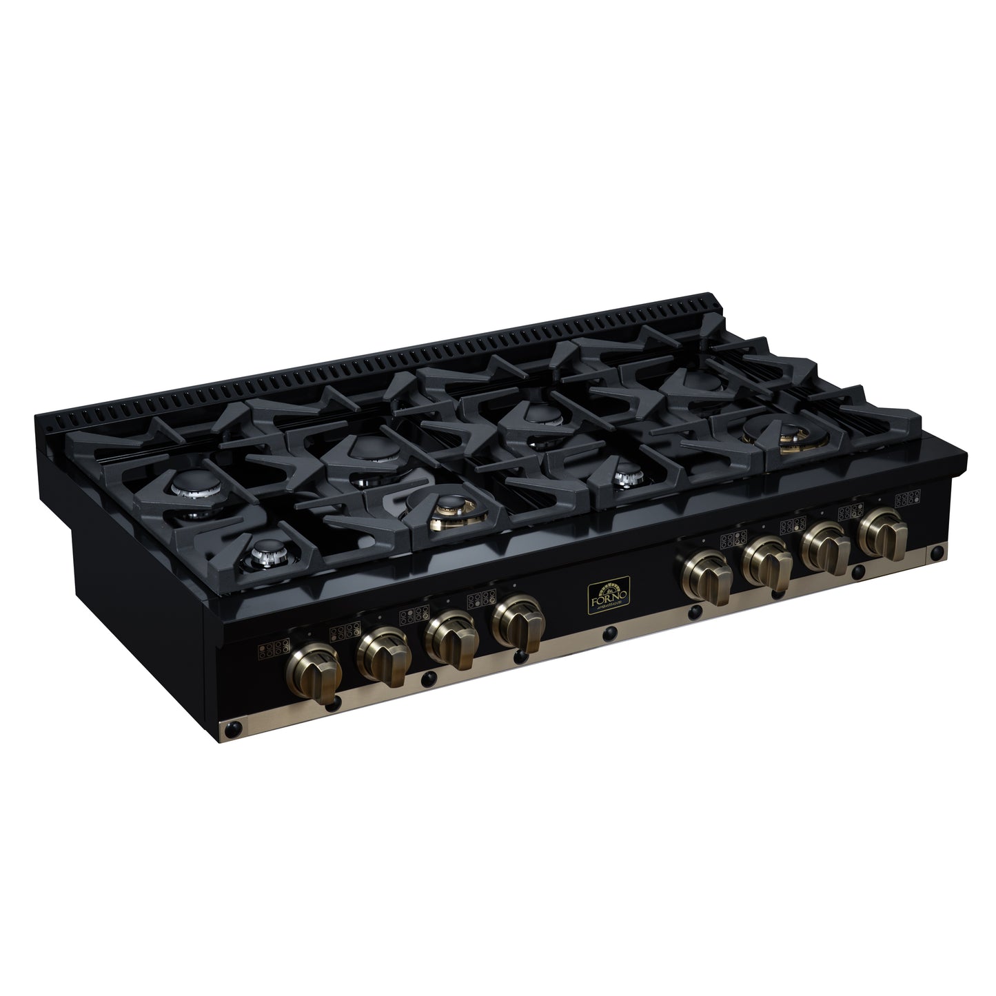 Valente 48" Gas Cooktop in Black, 8 Sealed burners, 94,000 BUT Output, 2 Antique Brass Dual-Ring Burners, Continuous Cast Iron Grates - Forno Appliances