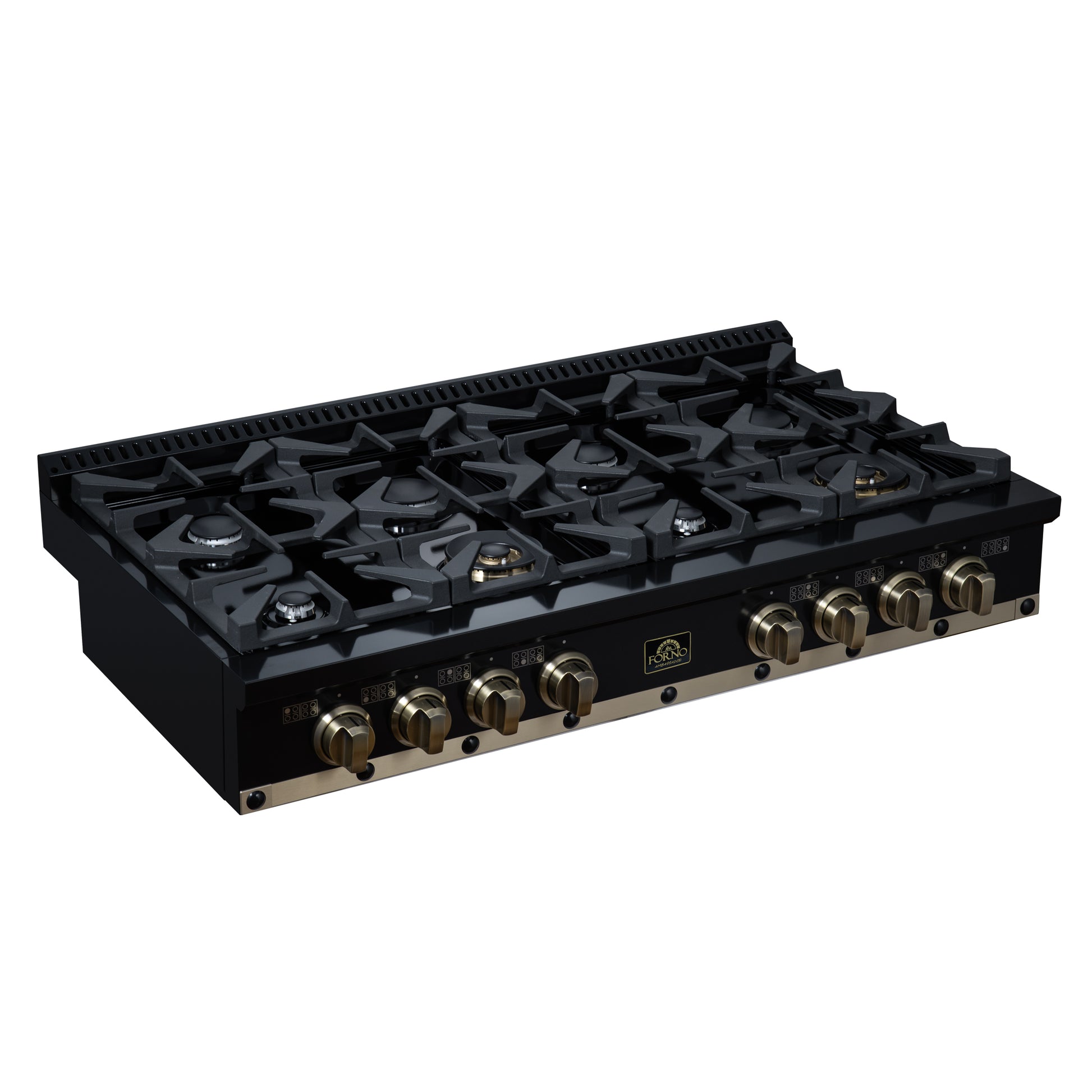 Valente 48" Gas Cooktop in Black, 8 Sealed burners, 94,000 BUT Output, 2 Antique Brass Dual-Ring Burners, Continuous Cast Iron Grates - Forno Appliances