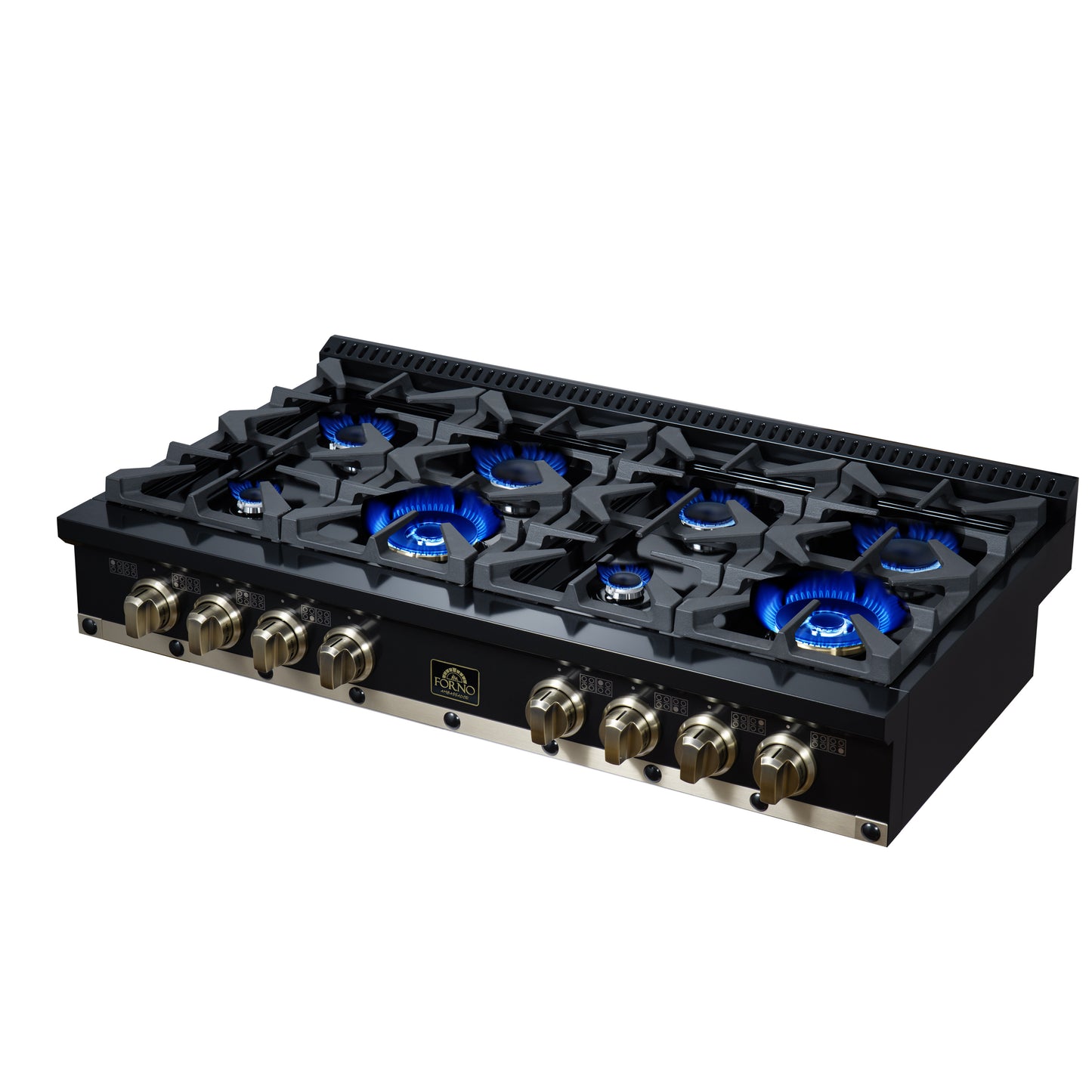 Valente 48" Gas Cooktop in Black, 8 Sealed burners, 94,000 BUT Output, 2 Antique Brass Dual-Ring Burners, Continuous Cast Iron Grates - Forno Appliances