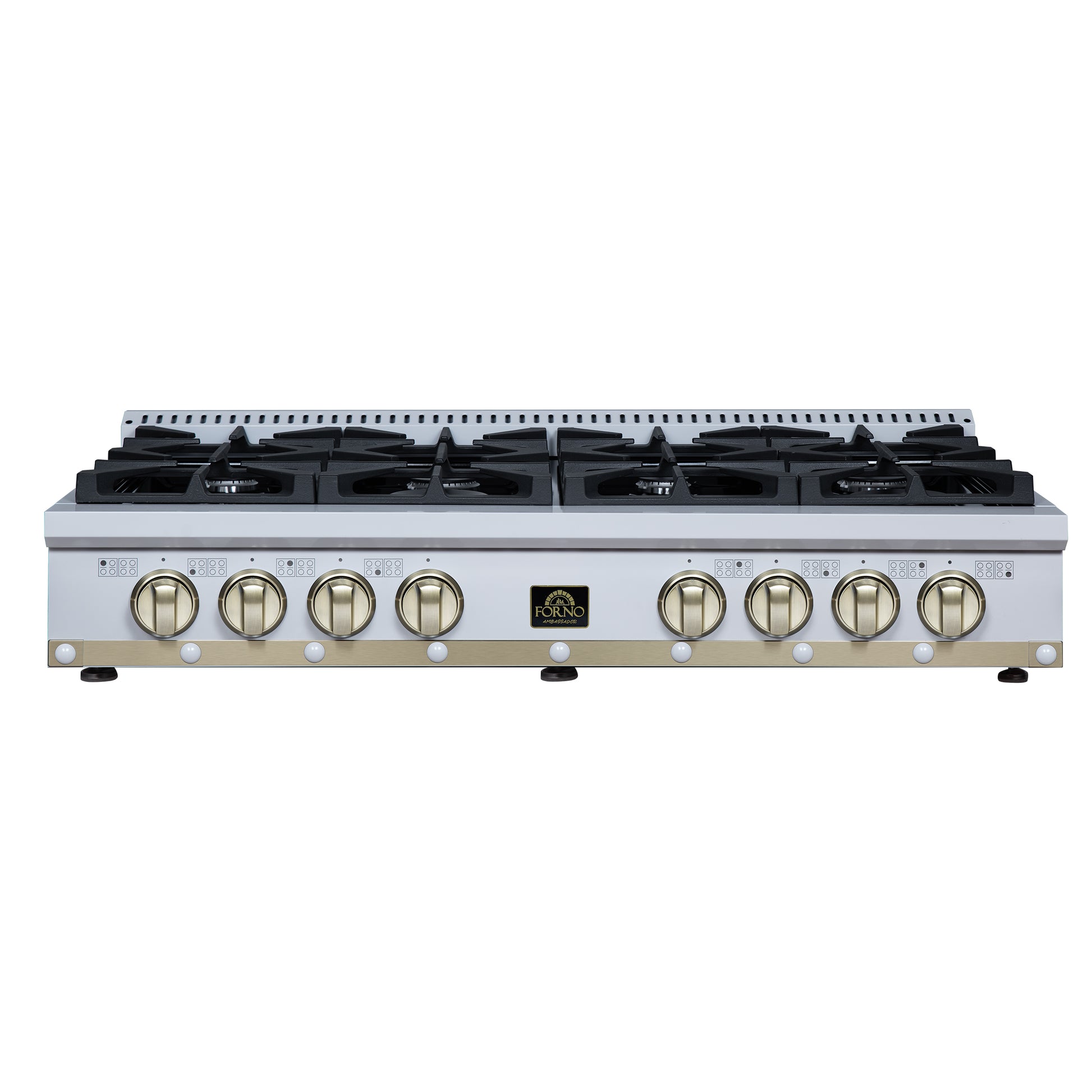 Valente 48" Gas Cooktop in White, 8 Sealed burners, 94,000 BUT Output, 2 Antique Brass Dual-Ring Burners, Continuous Cast Iron Grates - Forno Appliances
