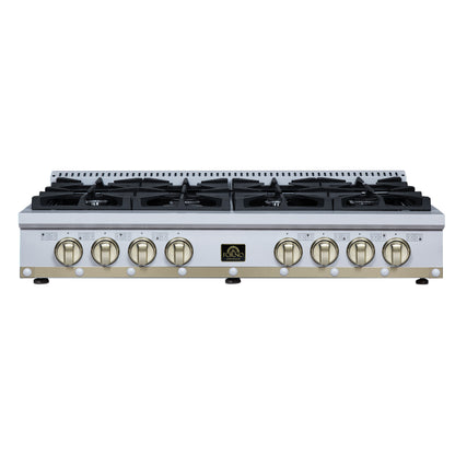 Valente 48" Gas Cooktop in White, 8 Sealed burners, 94,000 BUT Output, 2 Antique Brass Dual-Ring Burners, Continuous Cast Iron Grates - Forno Appliances