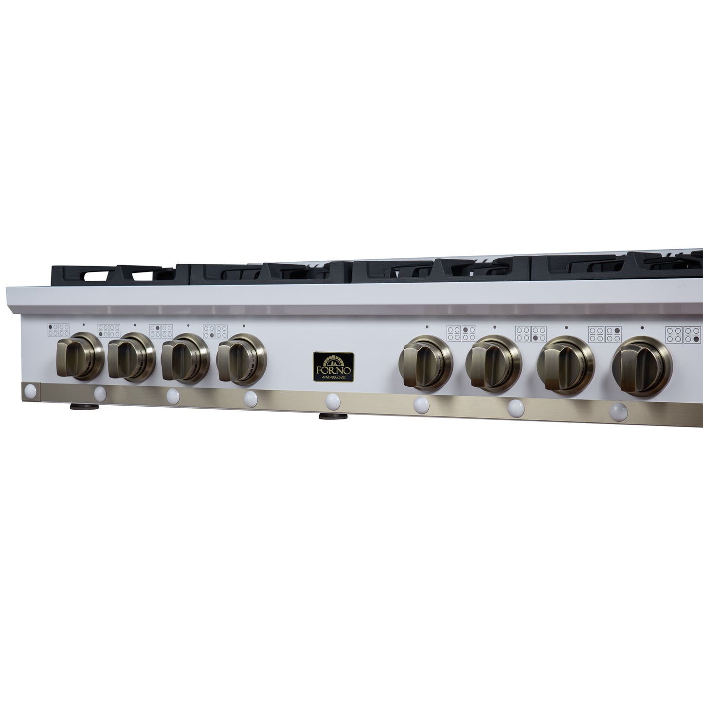 Valente 48" Gas Cooktop in White, 8 Sealed burners, 94,000 BUT Output, 2 Antique Brass Dual-Ring Burners, Continuous Cast Iron Grates - Forno Appliances