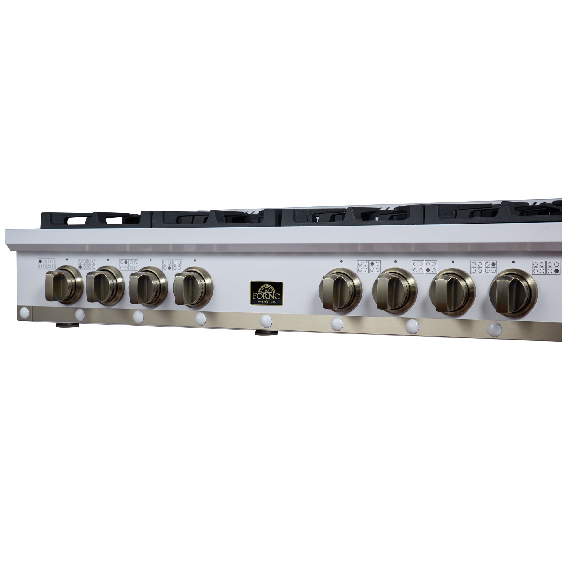 Valente 48" Gas Cooktop in White, 8 Sealed burners, 94,000 BUT Output, 2 Antique Brass Dual-Ring Burners, Continuous Cast Iron Grates - Forno Appliances