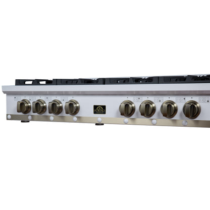 Valente 48" Gas Cooktop in White, 8 Sealed burners, 94,000 BUT Output, 2 Antique Brass Dual-Ring Burners, Continuous Cast Iron Grates - Forno Appliances