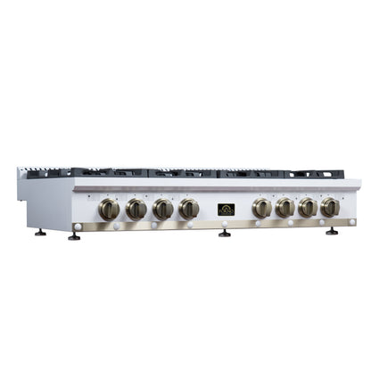 Valente 48" Gas Cooktop in White, 8 Sealed burners, 94,000 BUT Output, 2 Antique Brass Dual-Ring Burners, Continuous Cast Iron Grates - Forno Appliances