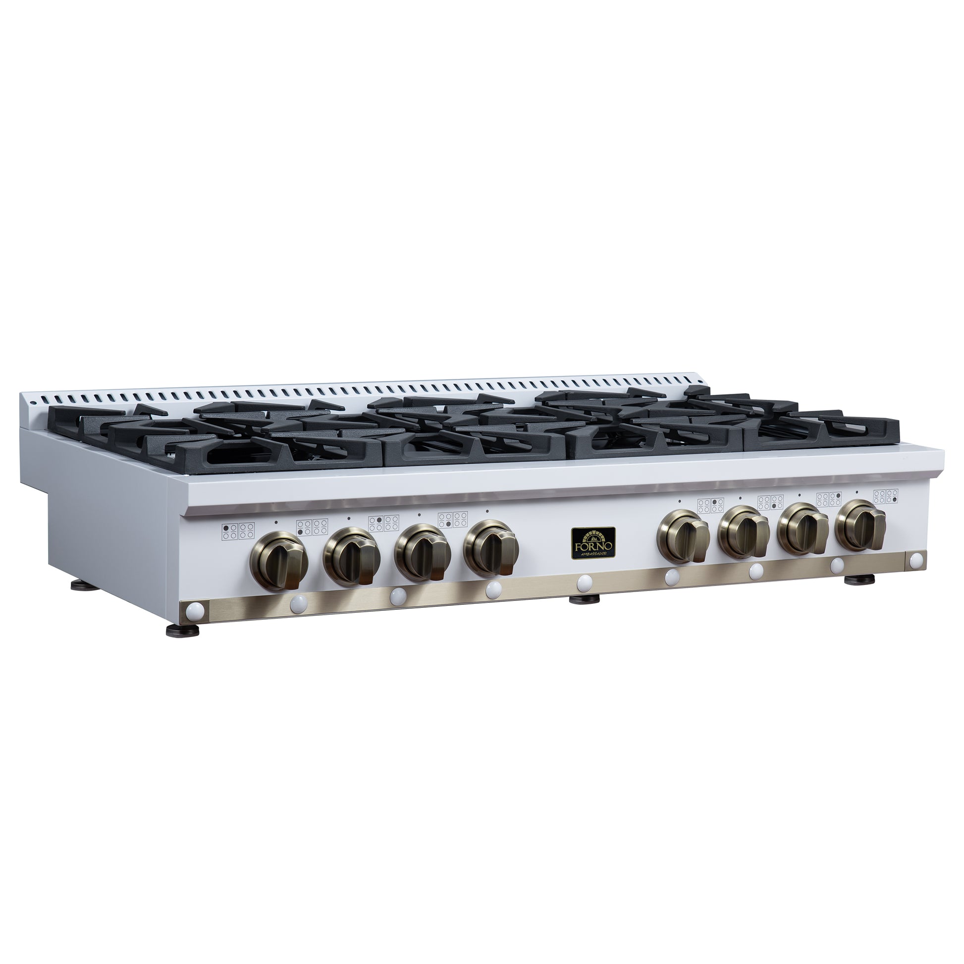 Valente 48" Gas Cooktop in White, 8 Sealed burners, 94,000 BUT Output, 2 Antique Brass Dual-Ring Burners, Continuous Cast Iron Grates - Forno Appliances