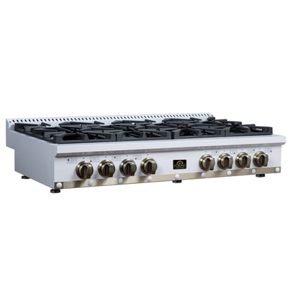 Valente 48" Gas Cooktop in White, 8 Sealed burners, 94,000 BUT Output, 2 Antique Brass Dual-Ring Burners, Continuous Cast Iron Grates - Forno Appliances