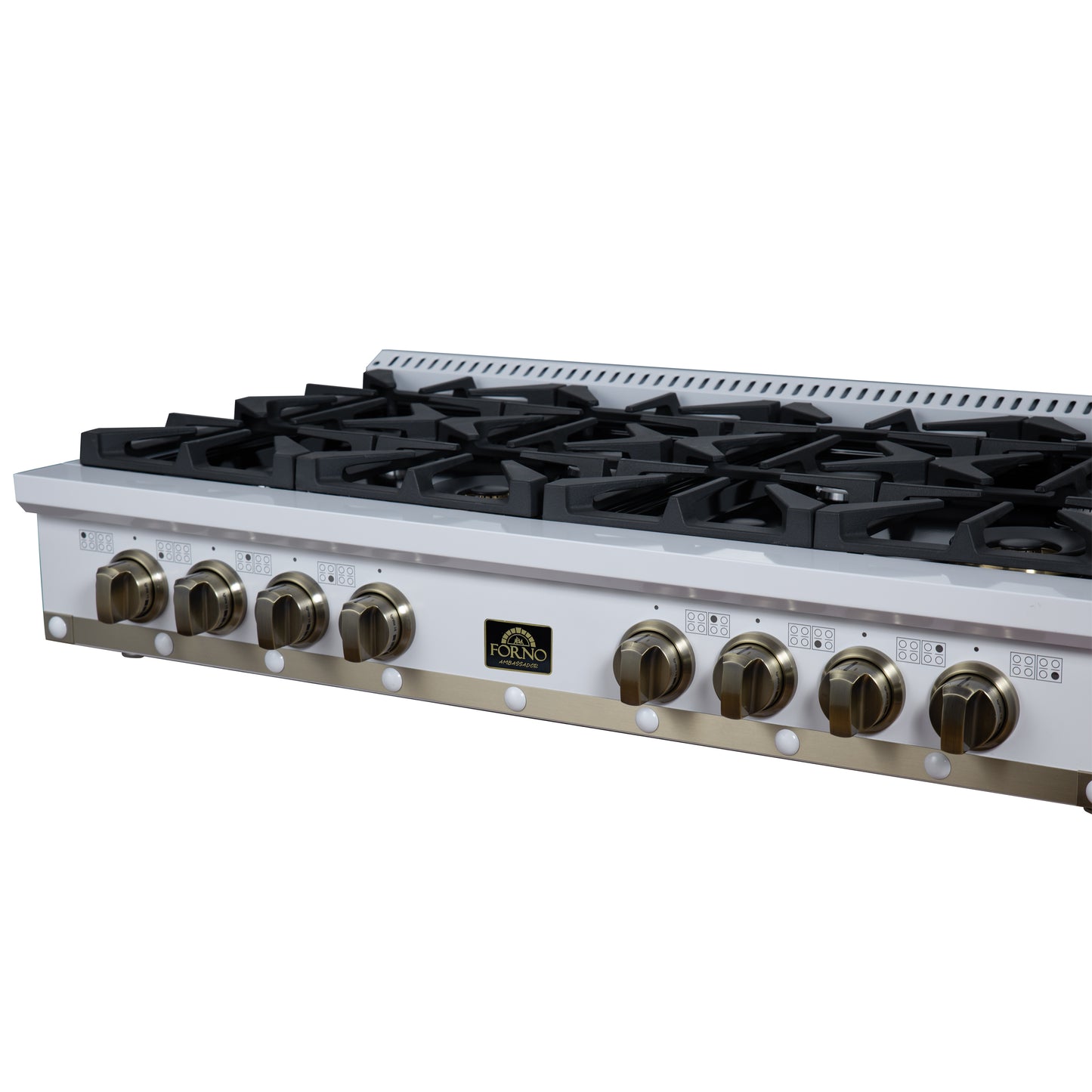 Valente 48" Gas Cooktop in White, 8 Sealed burners, 94,000 BUT Output, 2 Antique Brass Dual-Ring Burners, Continuous Cast Iron Grates - Forno Appliances
