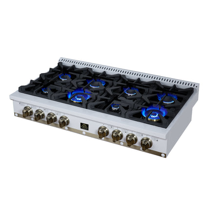 Valente 48" Gas Cooktop in White, 8 Sealed burners, 94,000 BUT Output, 2 Antique Brass Dual-Ring Burners, Continuous Cast Iron Grates - Forno Appliances