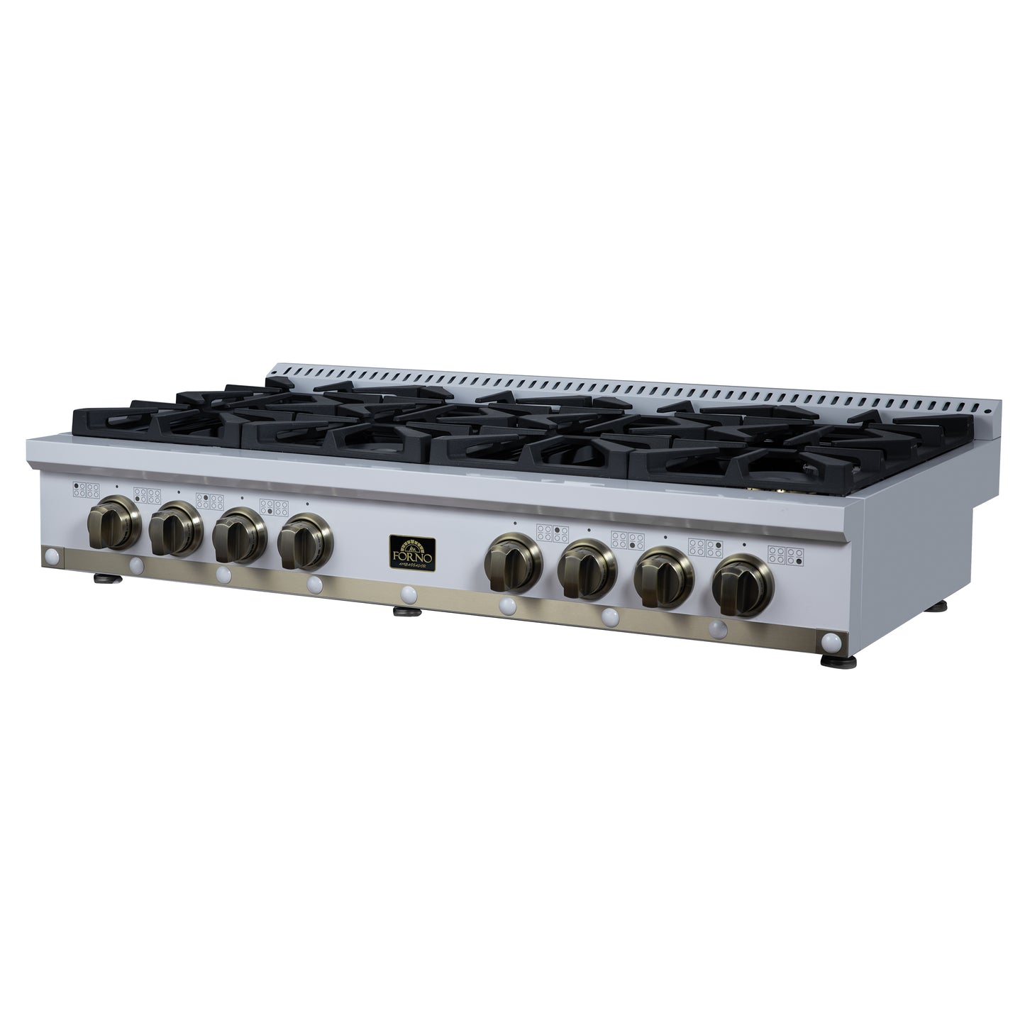 Valente 48" Gas Cooktop in White, 8 Sealed burners, 94,000 BUT Output, 2 Antique Brass Dual-Ring Burners, Continuous Cast Iron Grates - Forno Appliances